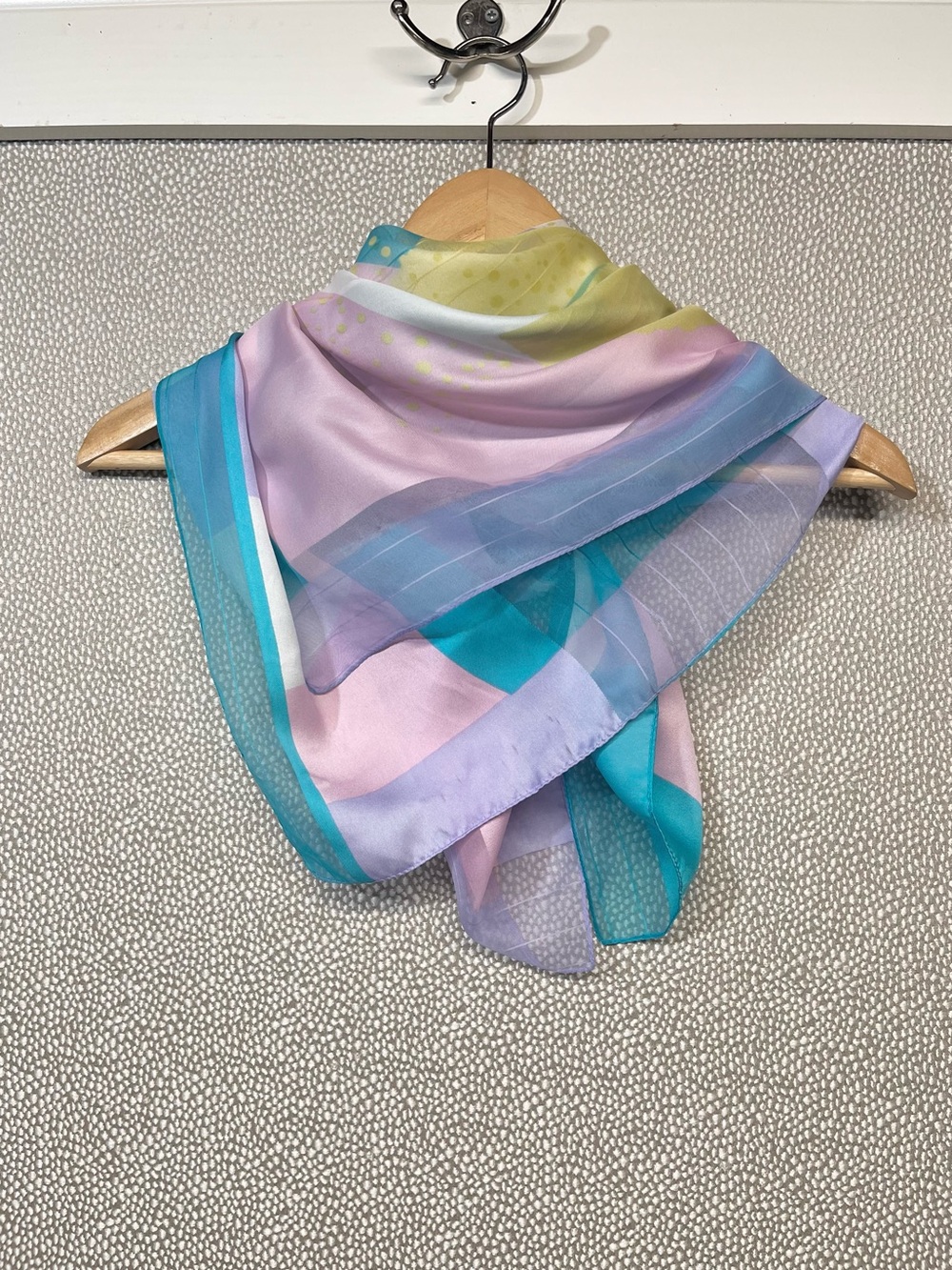 OS Vintage Abstract Pastel Silk Scarf Top Woman’s Outline Teal Pink Yellow